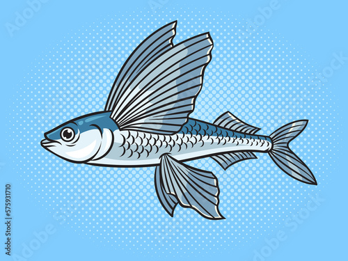 Flying fish animal pop art retro raster illustration. Comic book style imitation.