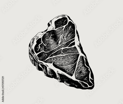 Beef tenderloin steak with veins. Drawn in pencil on an isolated background. Engraved drawing. Meat tenderloin. Marble beef. Black and white style. Ideal for postcard, book, poster, banner, menu