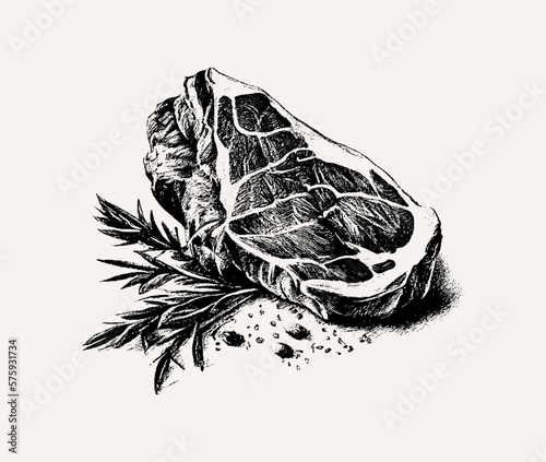 Beef tenderloin steak with herbs and spices. Drawn in pencil on an isolated background. Engraved drawing. Meat tenderloin. Marble beef. Black and white style. Ideal for postcard, book, poster, menu
