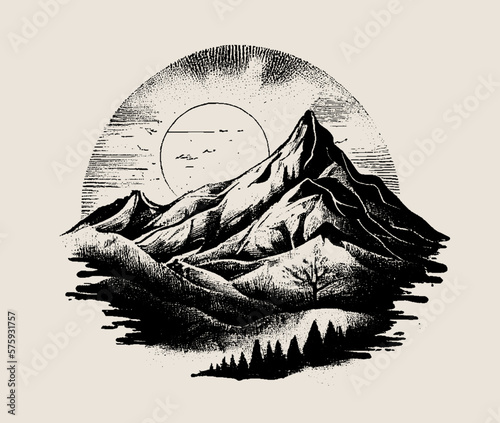 Mountain landscape. Dawn. Engraved drawing. Hand drawn for your design, drawn in black ink on an isolated background. Black and white style. Sketch. Ideal for postcard, book, poster, banner. Vector