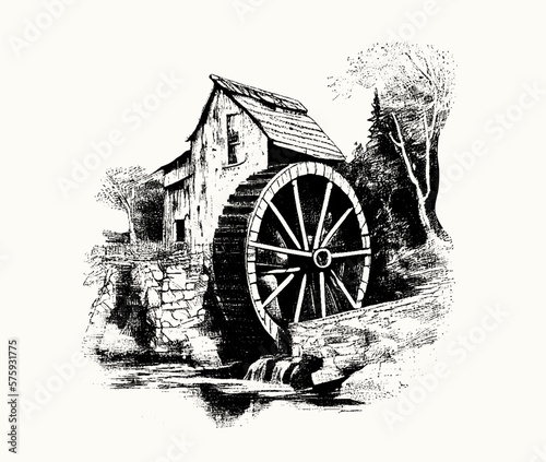 Water Mill. Engraved drawing. Hand drawn for your design, drawn in black ink on an isolated background. Black and white style. Sketch. Ideal for postcard, book, poster, banner. Vector illustration