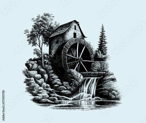 Water Mill. Drawn in pencil on a blue background. Engraved drawing. Energy saving. Black and white style. Ideal for postcard, book, poster, banner. Doodle. Vector illustration