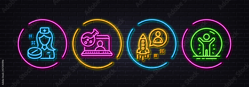 Nurse, Online chemistry and Startup minimal line icons. Neon laser 3d lights. Recovered person icons. For web, application, printing. Medicine pill, Lab flask, Developer. Quarantine. Vector