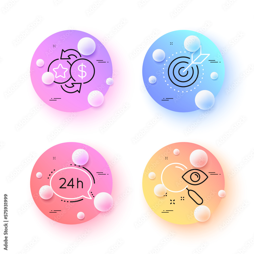 Search, Target purpose and Loyalty points minimal line icons. 3d spheres or balls buttons. 24h service icons. For web, application, printing. Find document, Business focus, Change dollar. Vector Search, Target purpose and Loyalty points minimal line icons. 3d spheres or balls buttons. 24h service icons. For web, application, printing. Find document, Business focus, Change dollar. Vector