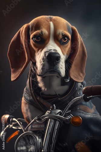 Portrait of a cute Beagle biker sitting on his motorcycle. AI generated. © DiedovStock