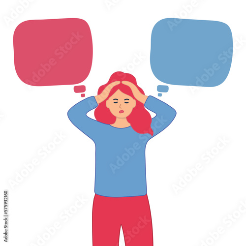 A modern woman with pink hair is screaming and indignant. Unable to choose between two options. Panic thoughts.