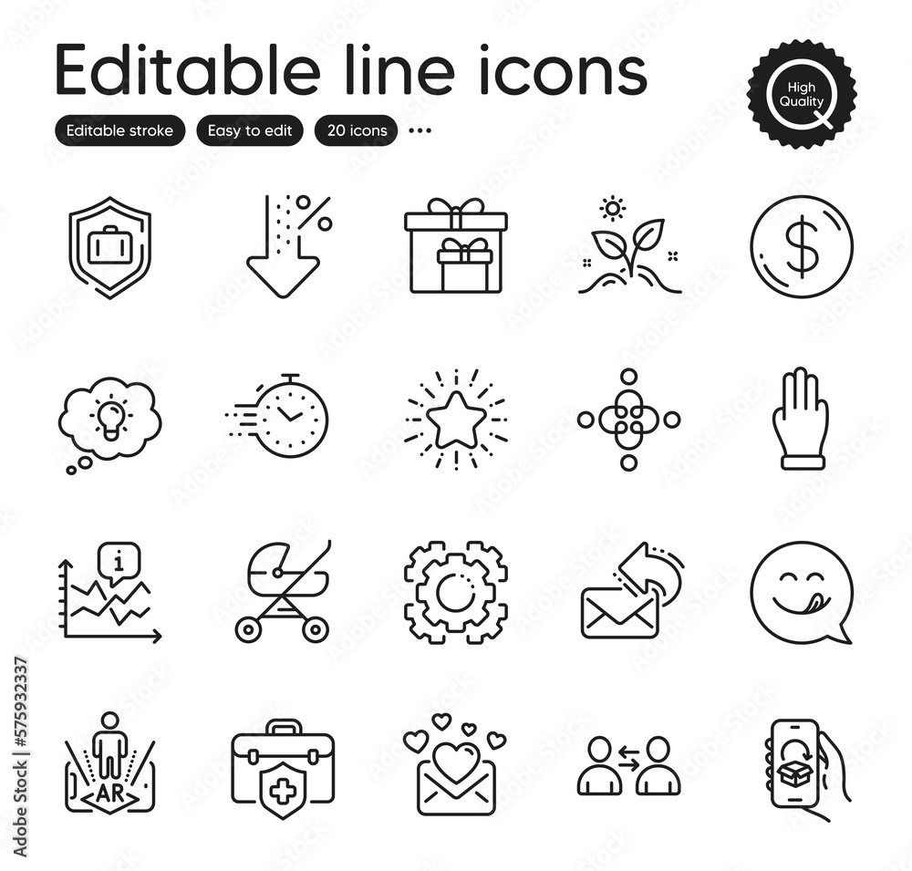 Set of Business outline icons. Contains icons as Seo gear, Baby carriage and Luggage protect elements. Timer, Star, Delivery boxes web signs. Dollar money, Three fingers, Inclusion elements. Vector