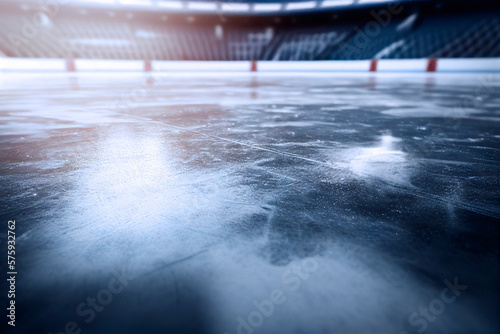 close-up of the surface of a hockey rink and an empty sports arena in the background, a stadium, generative AI backdrop
