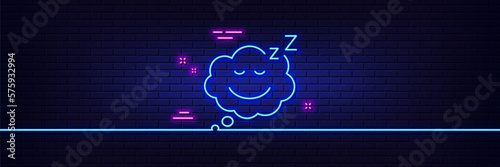Neon light glow effect. Sleep line icon. Night rest sign. Comic speech bubble with smile symbol. 3d line neon glow icon. Brick wall banner. Sleep outline. Vector