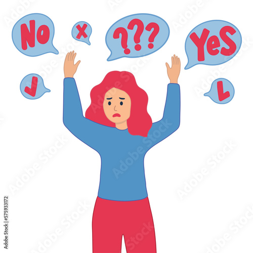 The woman screams and is indignant. Unable to choose between two options. Flat cartoon vector illustration.