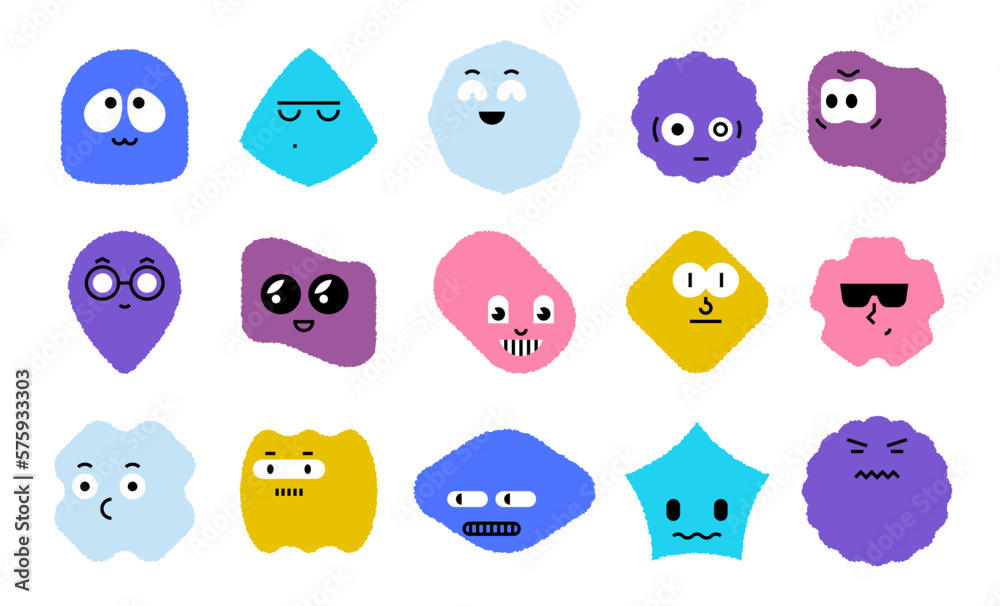 Fototapeta premium Geometric shapes with faces. Cute comic grunge doodle basic figures with emotions, funny characters. Vector cartoon set
