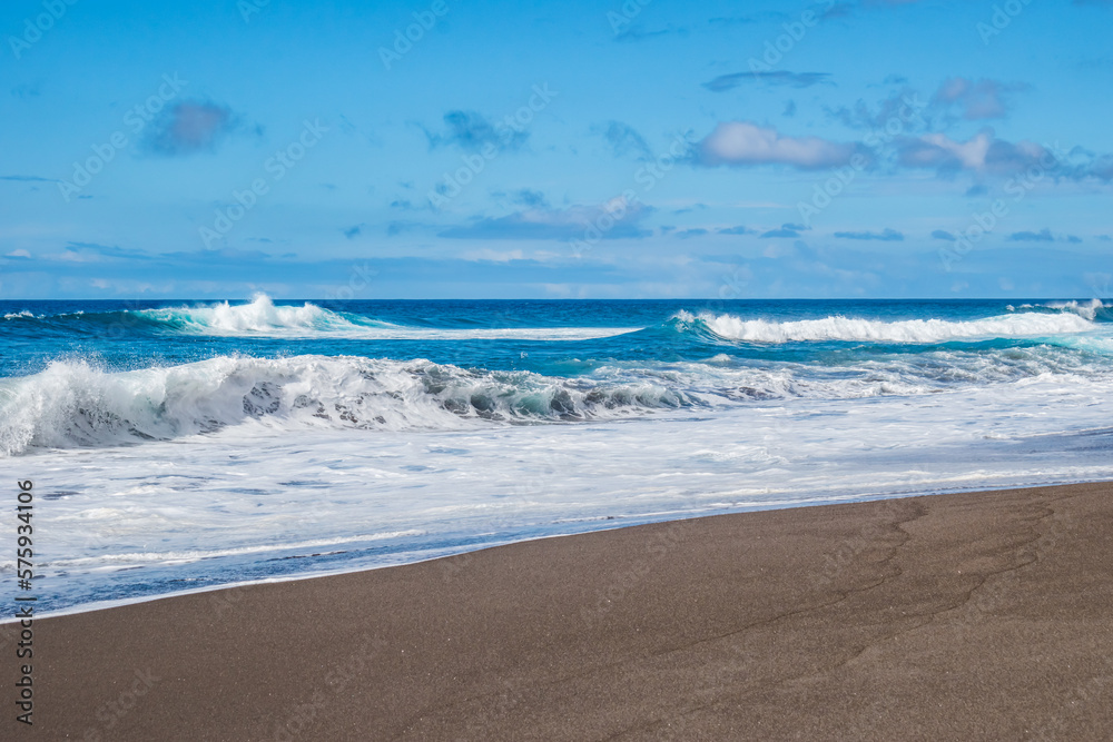 Wave bursting on the black sand of Santa Bárbara beach on the island of São Miguel, Azores PORTUGAL