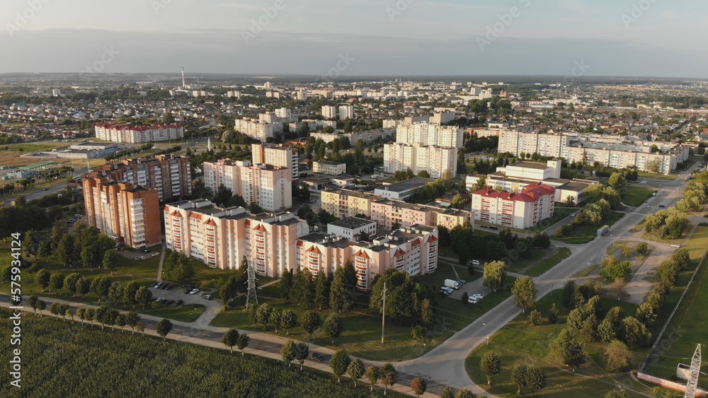 Evening aerial survey of the city of Lida. Belarus.
