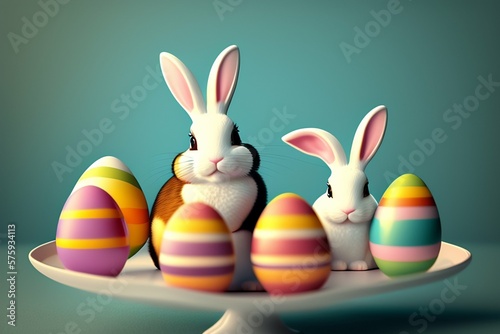 Easter bunny with many colorful Easter eggs. wallpaper banner design. Generative AI