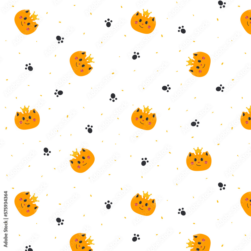 Seamless pattern with red cats with crown, cats, pattern with cats and paw prints Seamless pattern with red cats with crown, cats, pattern with cats and paw prints