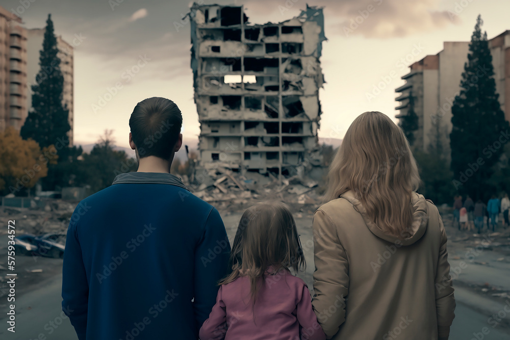 A family of people man woman and children stand on the street and look at the ruined house after the earthquake, the loss of the house, the destroyed city after the bomb hit. Generative AI