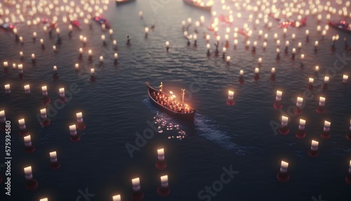 Drone view of humans at boat and floating candles  Generative AI