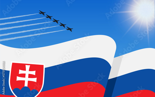 Flag of Slovakia and a fighter plane formation flying in the sky. 17th July Independence day Slovakia. Military aviation in the blue sky. Vector illustration