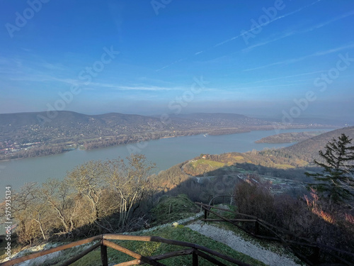 View from the castle ruins in Visegrad, Hungary, on the Danube on a hazy morning photo