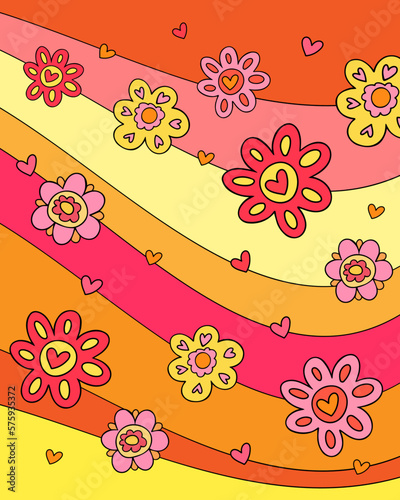 Vertical interior decorative vintage style poster with vibrant flowers. Retro good vibe 1970 poster with flowers and hearts