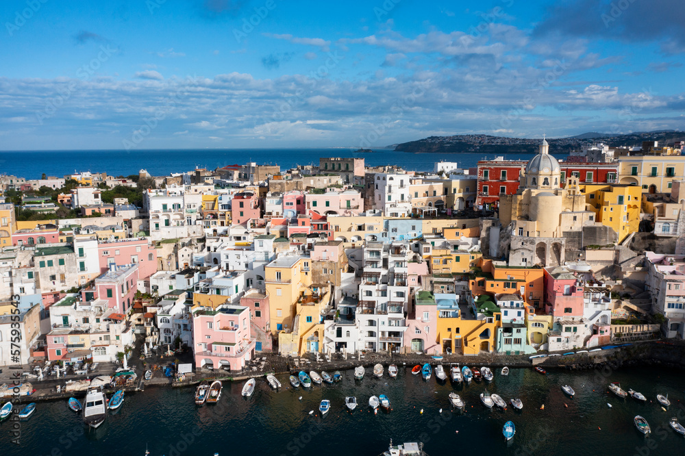 Aerial view of colourful fishermen's houses, on Procida Island, Bay of Naples, Italy.