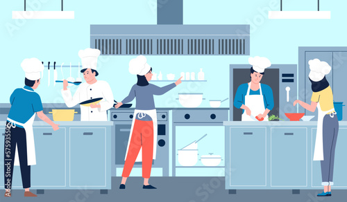 Restaurant professional cooking kitchen, commercial chef and team cook diverse food. Hotel industry, cafe or bar workers in uniform, service recent vector scene