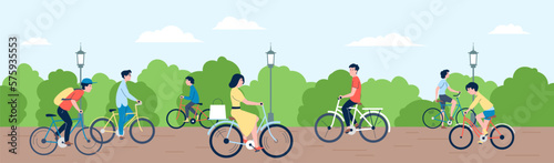 People bicycle riding in city park. Summer outdoor activity, eco transport for man woman and kids. Drive bike, sport and hobby riders recent vector scene