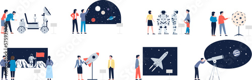 Planetarium solar system exhibition, people study astronomy. Couple and family looking on universe, man used telescope, recent vector education scene
