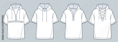 Set of Hooded T-Shirt technical fashion illustration. Short Sleeve T-Shirts fashion technical drawing template, pocket, button, lace-up, zip-up, front view, white, women, men, unisex CAD mockup set.