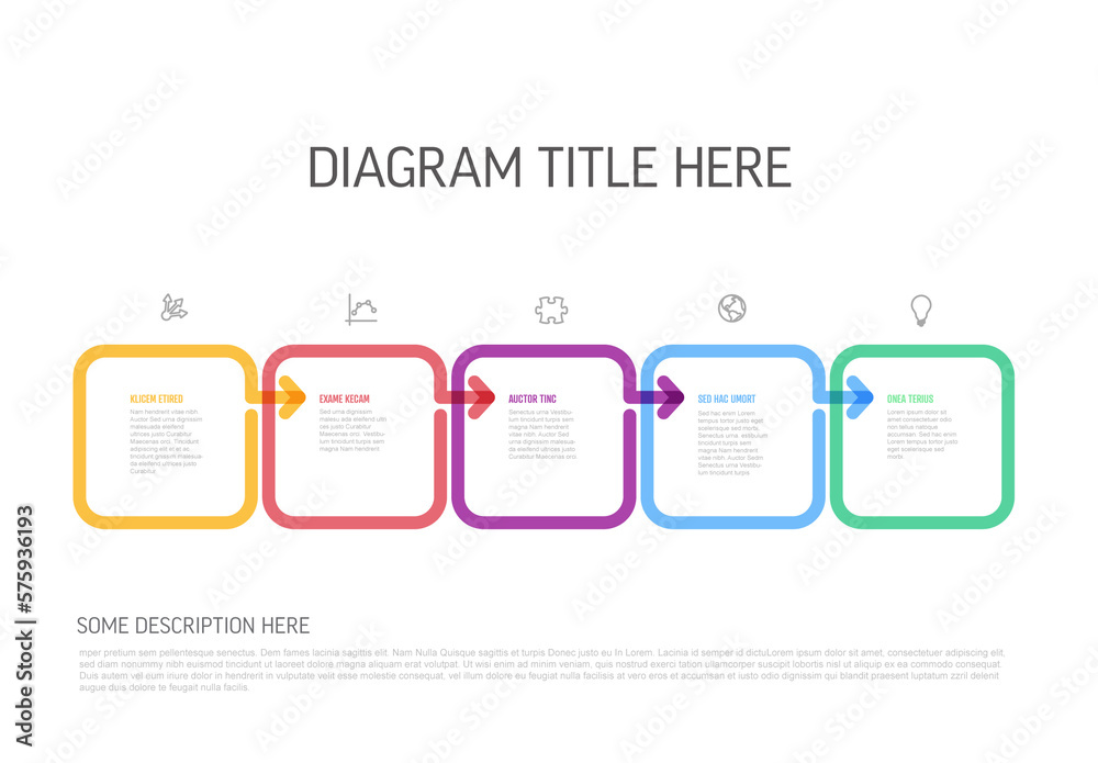 Five simple colorful steps process infographic template with squares