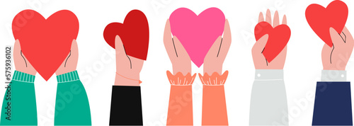 Charity concept, share your love. Friend holding red hearts in hands. Volunteer donate, social support or health helping. Loving and friendship sapid vector banner