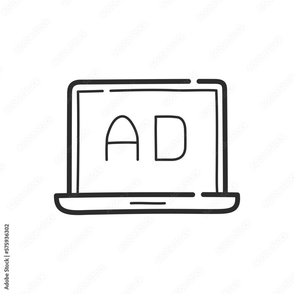 Advertise on laptop screen. Ads icon. Hand drawing design style. Vector. Advertise on laptop screen. Ads icon. Hand drawing design style. Vector.