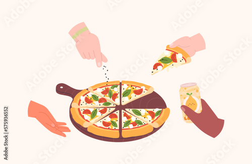 Friends eating pizza together. Meeting with friend, hands hold pizza slice and drinks. Party with fast food, cartoon fresh italian pizzeria vector concept