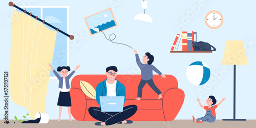 Working at home dad and kids playing around him. Busy father works, children running, jumping and throw the ball up. Family life recent vector scene