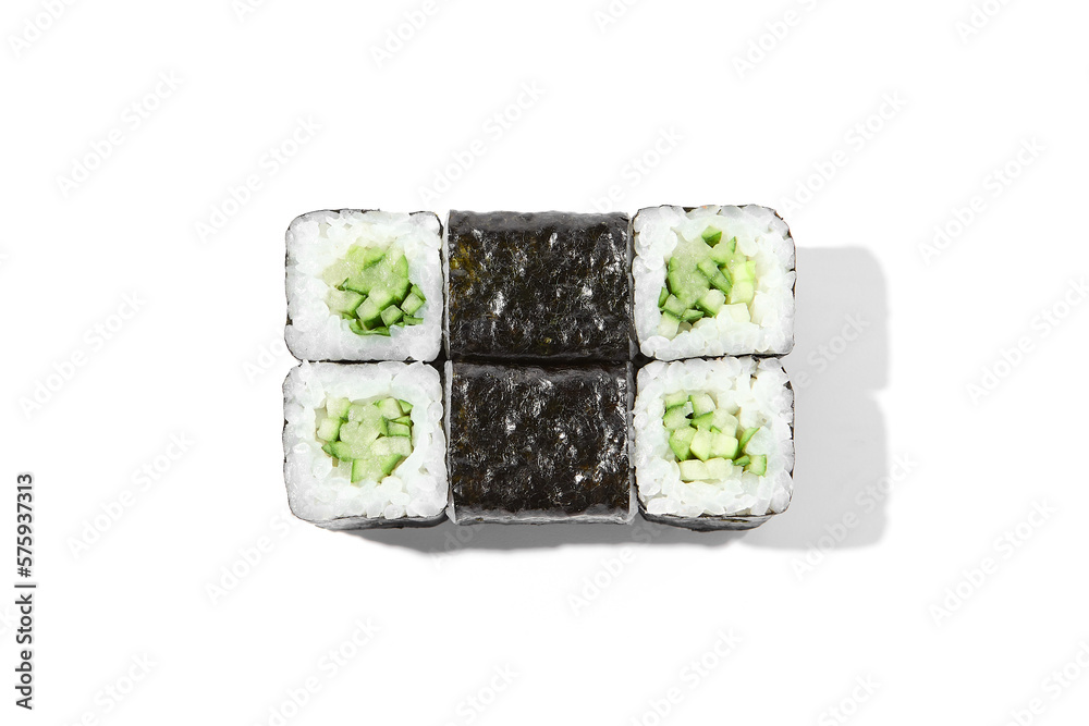 Fotografia do Stock: Classic japanese sushi roll with cucumber isolated on  white background. Kappa hosomaki in minimal style with shadows. Simple maki  roll on white. Vegan sushi roll - hosomaki with cucumber.