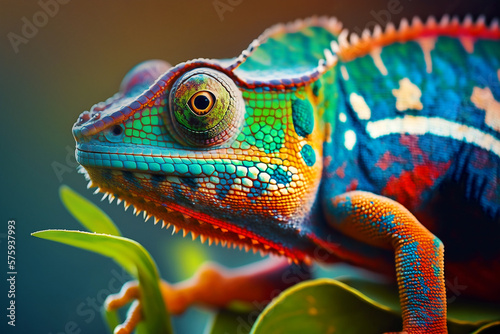 Photo closeup of a colorful chameleon lizard. generative AI