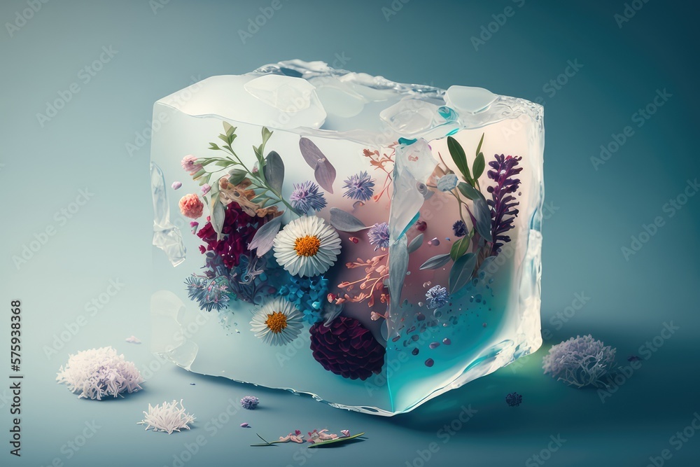 a block of ice with flowers and plants inside