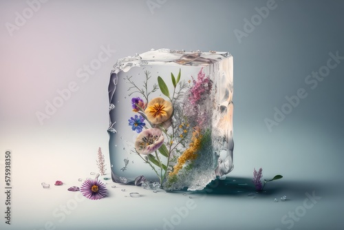 a block of ice with flowers and plants inside