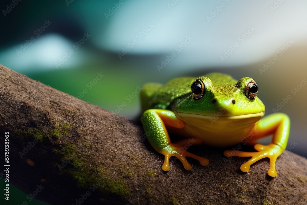 Fototapeta premium A green frog on top of a tree trunk with mosses and a green background, close up, macro. Generative AI
