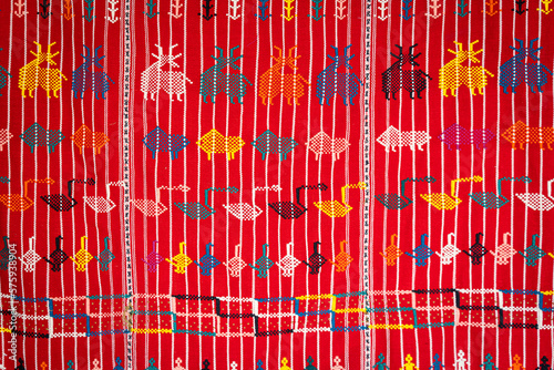 Beatuiful colorful traditional textile is woven local fabrics with unique craftsmanship famous sarong of people in Mae Chaem district Chiang Mai, Thailand.