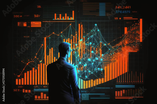 Illustration of digital screen with the Businessman analyzing economic growth graph financial data. Stock market investment. Financial and banking Technology, Generative AI	 photo