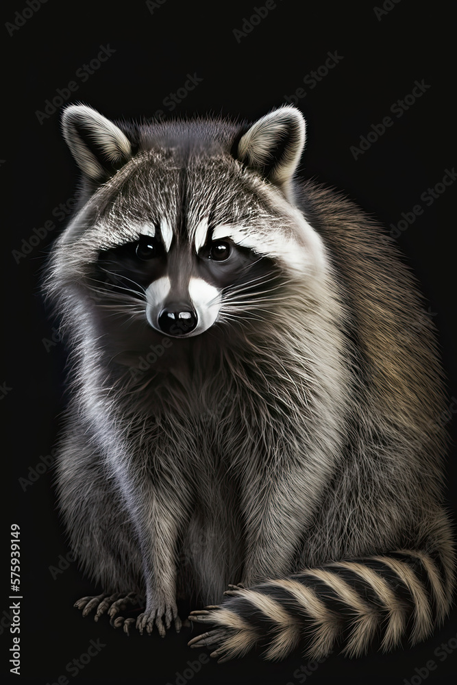 raccoon full length with legs on a black background
