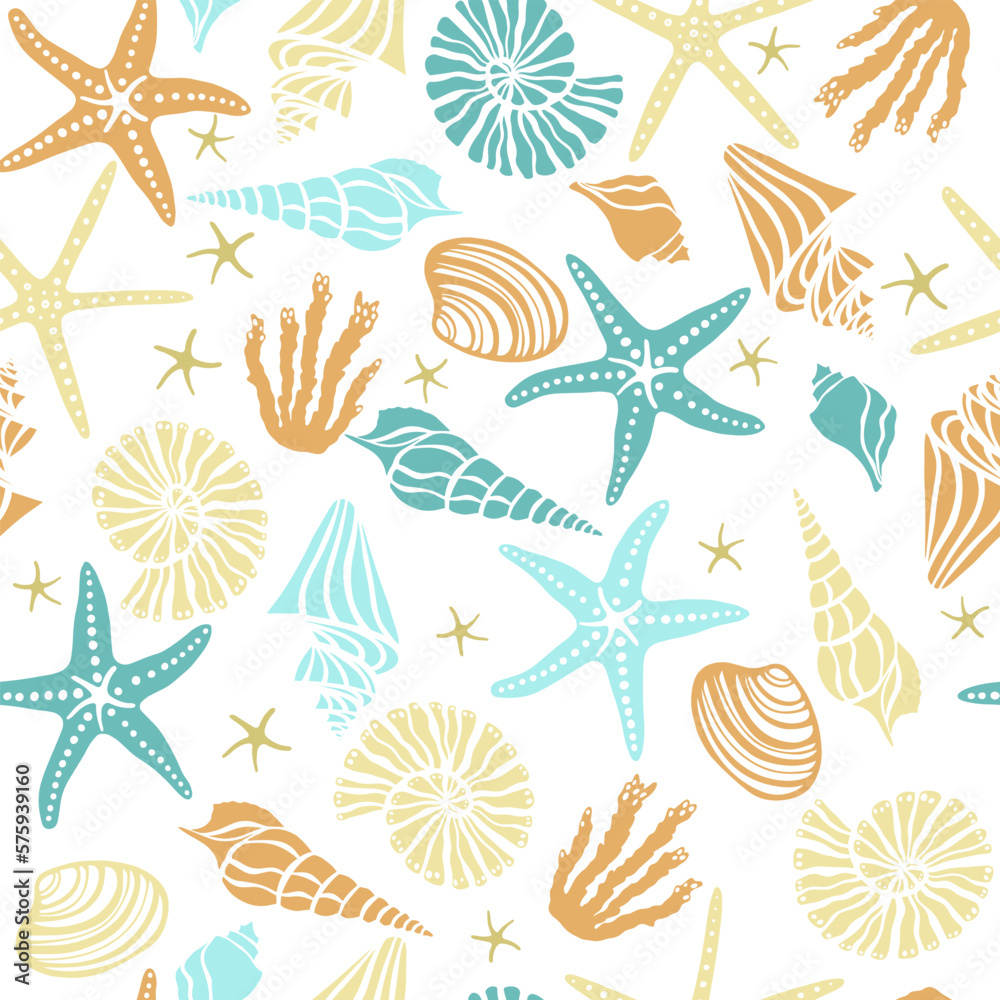 Sea shells and starfish seamless pattern. Cartoon style texture for textile, paper. Hand drawn doodle beach shells, mollusk. Cute ocean background.