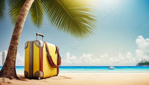 Time for summer holidays. Travel  trip and free time. A suitcase on the beach under a coconut palm with the ocean in the background. Tropical island. Generative AI