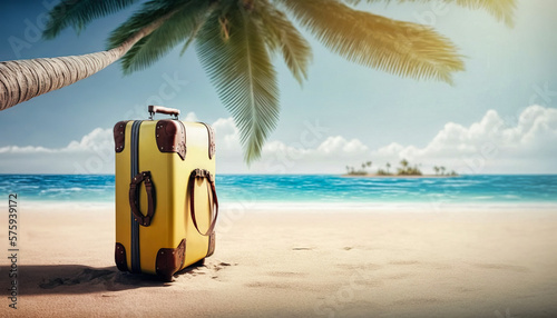Time for summer holidays. Travel, trip and free time. A suitcase on the beach under a coconut palm with the ocean in the background. Tropical island. Generative AI #575939172