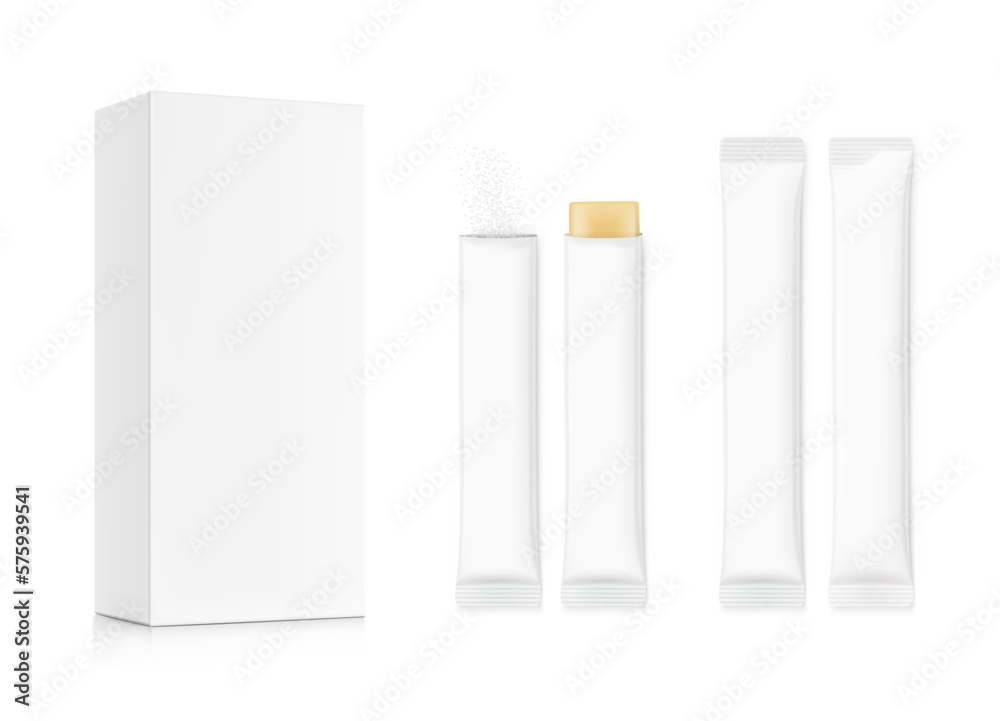 Realistic three side seal stick mockup with cardboard box for products isolated on white background. Possibility use for granulated, powder or liquid products. Vector illustration. EPS10. Realistic three side seal stick mockup with cardboard box for products isolated on white background. Possibility use for granulated, powder or liquid products. Vector illustration. EPS10.
