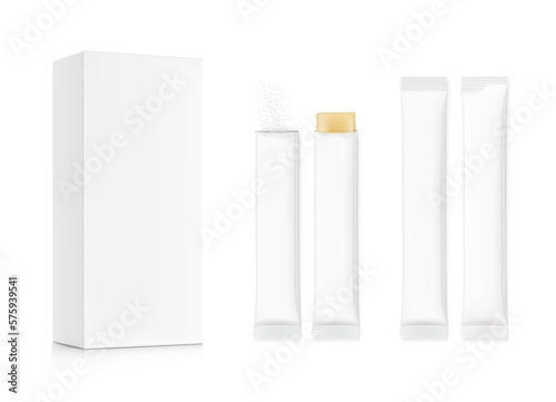 Realistic three side seal stick mockup with cardboard box for products isolated on white background. Possibility use for granulated, powder or liquid products. Vector illustration. EPS10.	