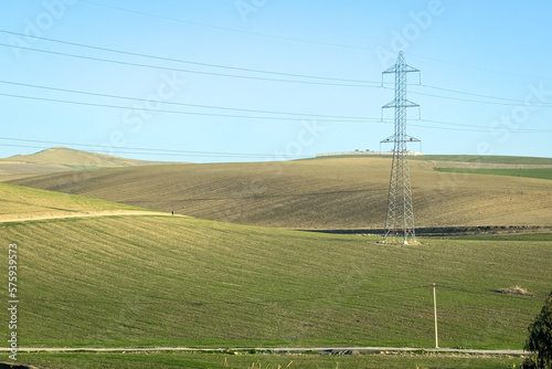 Electricity network poles on a rural area with a green field