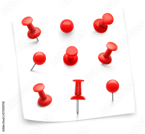 Set of realistic red thumbtacks pin isolated on white background. Vector illustration ready to use for your design. EPS10.