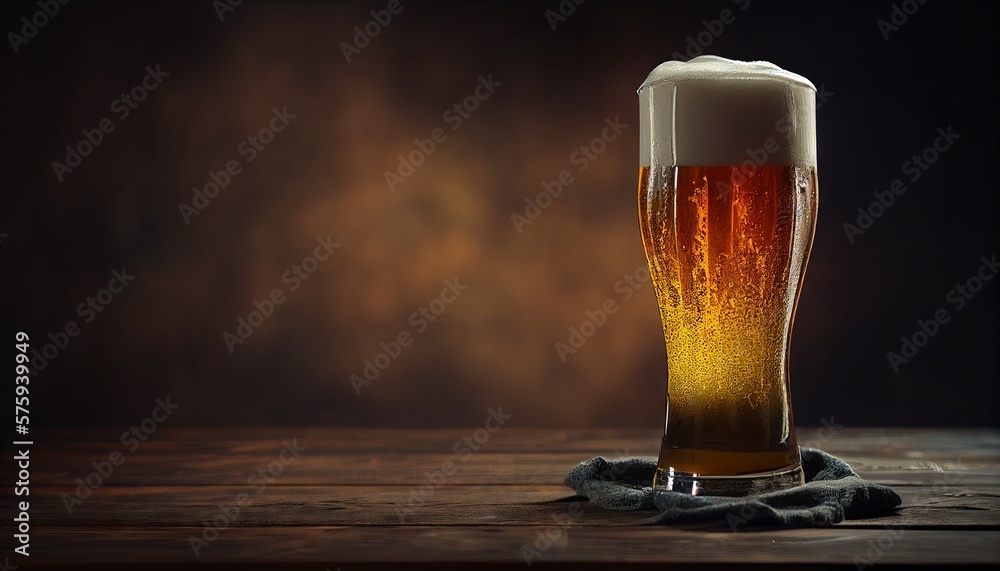 A glass of fresh and cold beer, foam at the top, Wood table, on a dark background, empty space. Generative AI.